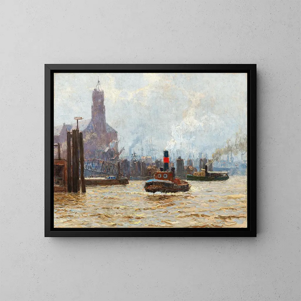 Hafen Hamburg mit Blick auf die Kehrwieder Spitze - Paul Kutscha — gerahmtes Bild an der Wand