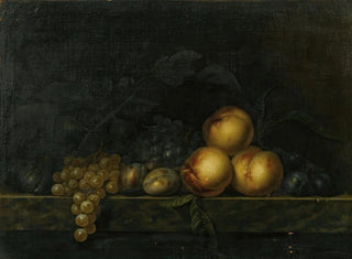 Naturstillleben mit Pfirsichen, Pflaumen, Trauben und Feigen auf einem Marmorbord - Paul Ligeois — Ansicht des Kunstwerks
