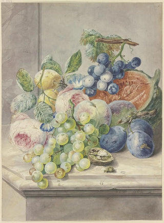 Paul Theodor Van Brussel - Fruchtstck mit einer aufgeschnittenen Melone und zwei Rosen Trauben Pfirsichen Pflaumen und einer Walnuss.webp