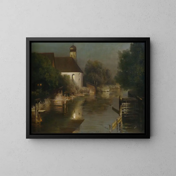 Fluss mit Kapelle von Fürstenfeldbruck - Paul Wilhelm Keller-Reutlingen — gerahmtes Bild an der Wand