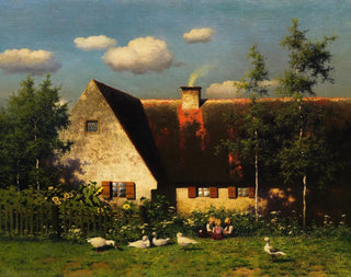 Kinder beim Spielen und Gänse vor dem Bauernhof - Paul Wilhelm Keller-Reutlingen — Ansicht des Kunstwerks