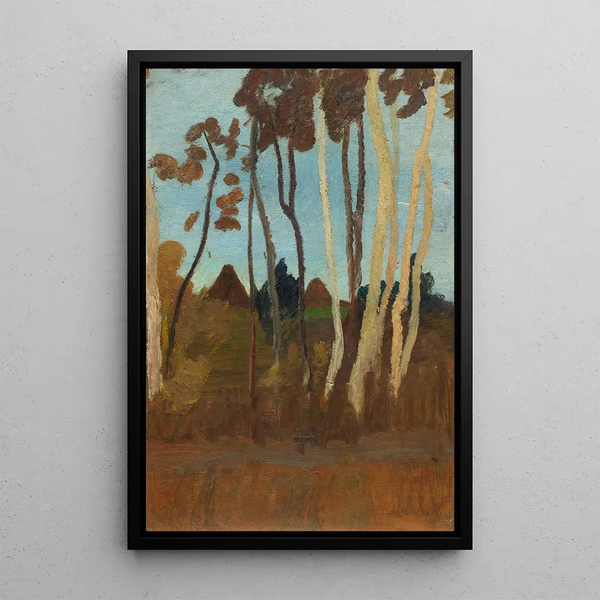 Landschaft mit Birken im Hintergrund, zwei Hausdächer - Paula Modersohn-Becker — gerahmtes Bild an der Wand