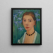 Selbstporträt vor grünem Hintergrund mit blauer Iris - Paula Modersohn-Becker — gerahmtes Bild an der Wand