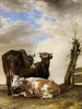 Zwei Kühe und ein junger Stier neben einem Zaun auf einer Wiese - Paulus Potter — Ansicht des Kunstwerks