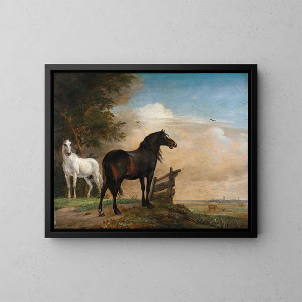 Zwei Pferde auf einer Wiese in der Nähe einer Tür - Paulus Potter — gerahmtes Bild an der Wand