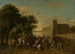 Der Fürst Maurits begleitet vom Fürst Frederik Hendrik, Frédéric V von Böhmen und seiner Frau Elizabeth Stuart sowie anderen am Buitenhof Den Haag - Pauwels van Hillegaert — Ansicht des Kunstwerks