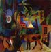 Landschaft mit Kühen, einem Segelschiff und Figuren - August Macke — in einem Innenraum präsentiert