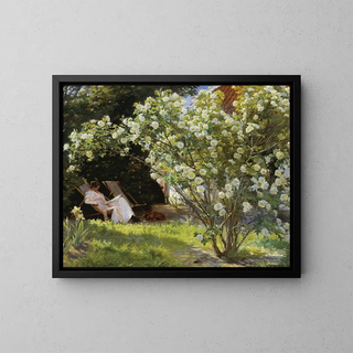 Rosen von Marie Kryer sitzend in der Liege im Garten des Hauses von Frau Bendsen - Peder Severin Krøyer — gerahmtes Bild an der Wand