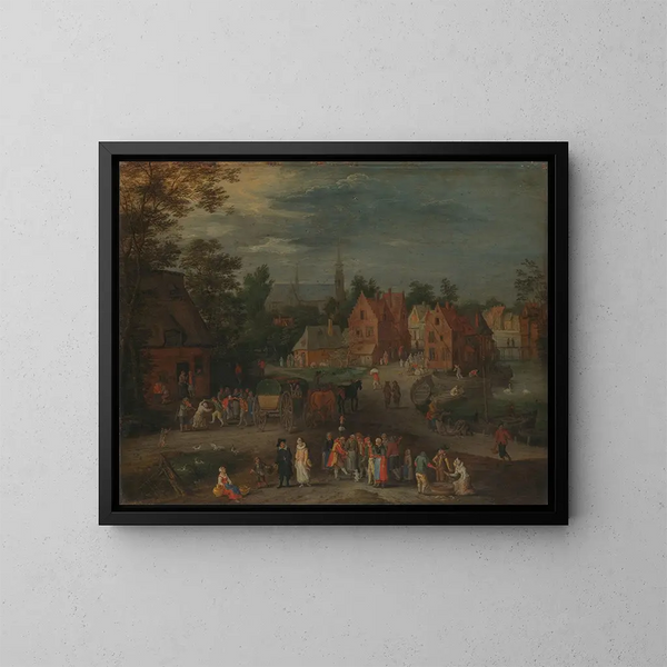 Dorf mit einem Puppenspieler, der eine kleine Menge unterhält - Peeter Gijsels — gerahmtes Bild an der Wand