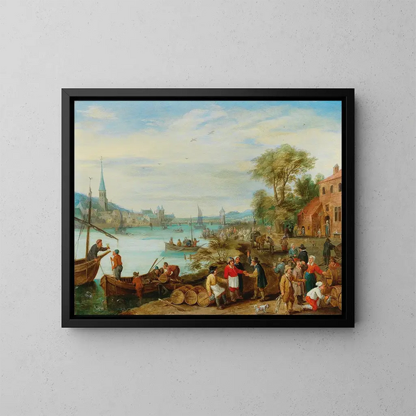 Ein Flusslandschaft mit Hafen-Szene - Peeter Gijsels — gerahmtes Bild an der Wand