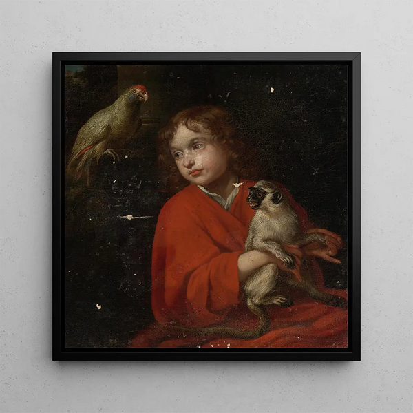 Perroquet observant un garçon tenant un singe - Jacob Van Oost