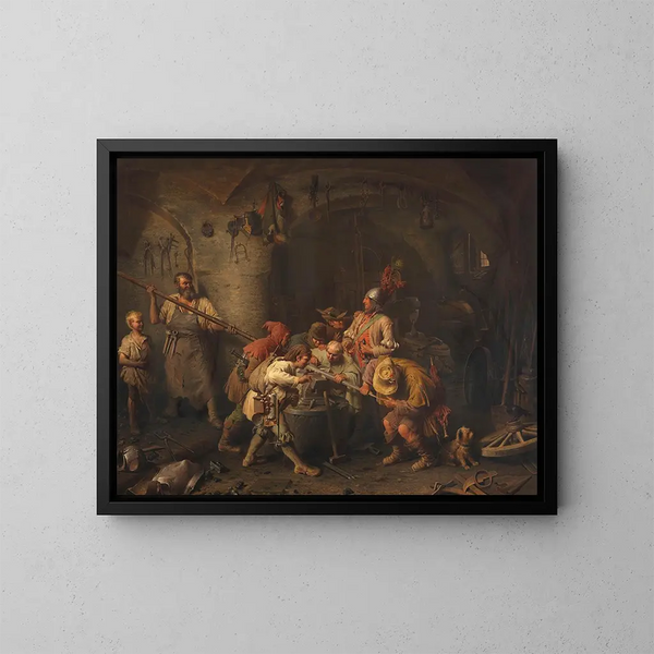 Die sieben Schwaben in der Schmiede beim Versuch ihrer Lanze - Peter Baumgartner — gerahmtes Bild an der Wand
