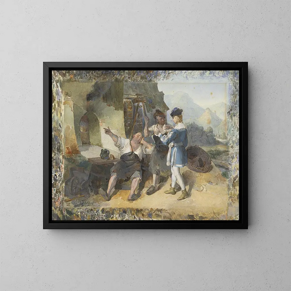 Fridolin und zwei Arbeiter bei der Schmiede - Peter Fendi — gerahmtes Bild an der Wand