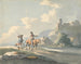 Komposition von zwei Reisenden und einem Hund auf einer Straße vor Cottages mit Ruinen auf einem Hügel - Peter La Cave — Ansicht des Kunstwerks