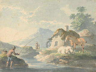 Peter La Cave - Rustic Scene man fishing left cottage with watermill and horses right.webp