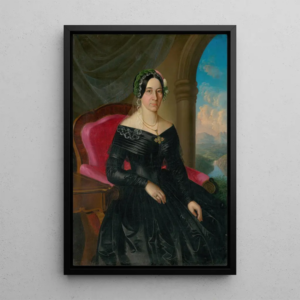 Portrait einer sitzenden Dame mit einer Landschaft im Hintergrund - Peter Michal Bohúň — gerahmtes Bild an der Wand