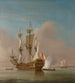 Ein Kriegsschiff der Royal Navy mit 46 Kanonen, das eine Salve auf ruhiger See abfeuert - Peter Monamy — Ansicht des Kunstwerks
