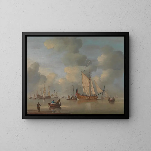 Ein englisches Königsyacht vor Anker in ruhigem Wasser - Peter Monamy — gerahmtes Bild an der Wand