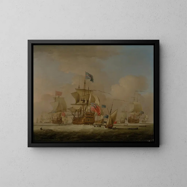 Kriegsschiffe der britischen Marine und ein Sloop - Peter Monamy — gerahmtes Bild an der Wand