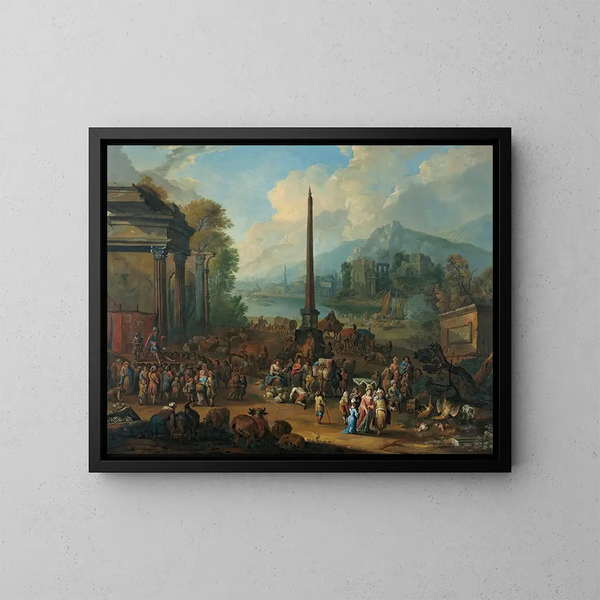 Eine Szene vom Hafen mit zahlreichen Figuren, die auf den Markt gehen - Peter Tillemans — gerahmtes Bild an der Wand