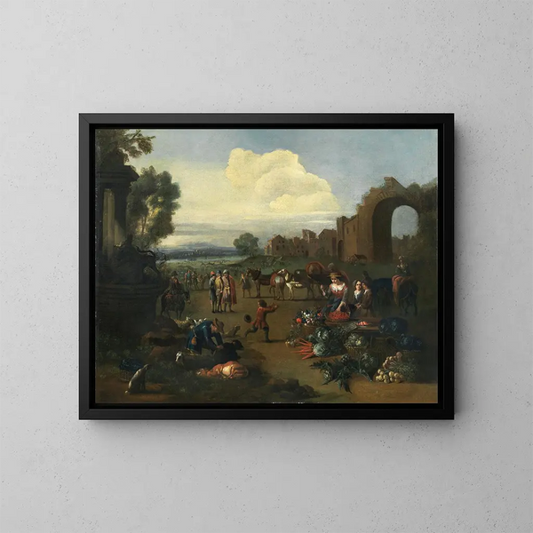 Eine Marktszene mit einer Flusslandschaft im Hintergrund - Peter Tillemans — gerahmtes Bild an der Wand