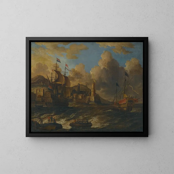 niederländischer Boote auf See vor einer befestigten Stadt - Peter van de Velde — gerahmtes Bild an der Wand