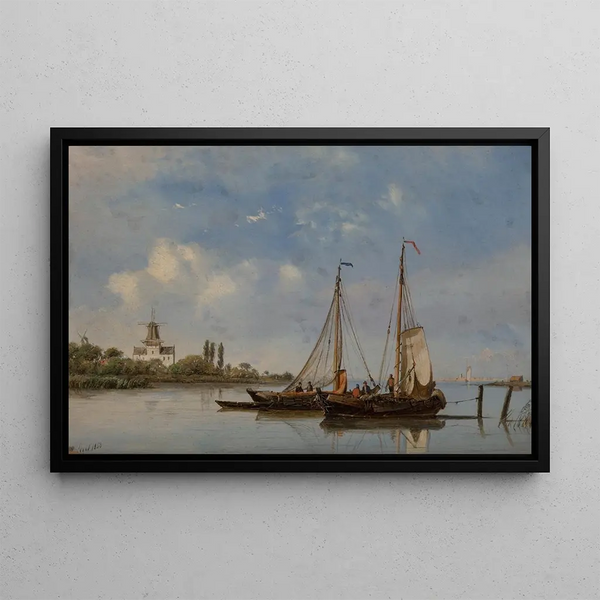 Petrus Paulus Schiedges - Moored fishing boats with windmills in the background.webp