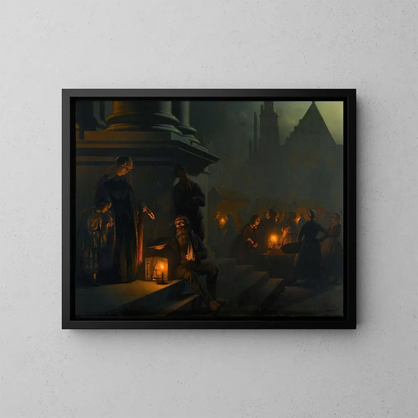 Charité am Nachtmarkt - Petrus van Schendel — gerahmtes Bild an der Wand