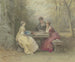 Lesung im Park, drei junge Damen im Watteau-Kleid sitzen um einen Steintisch - Philipp Rumpf — Ansicht des Kunstwerks