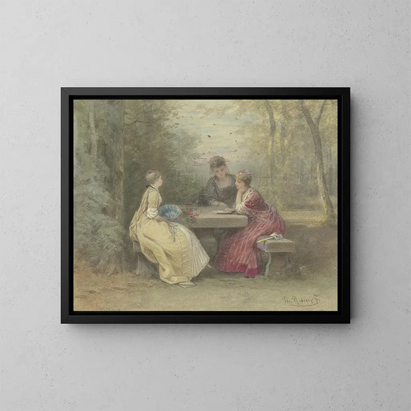 Lesung im Park, drei junge Damen im Watteau-Kleid sitzen um einen Steintisch - Philipp Rumpf — gerahmtes Bild an der Wand