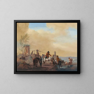 Philips Wouwerman - Riders and horses resting by a river.webp