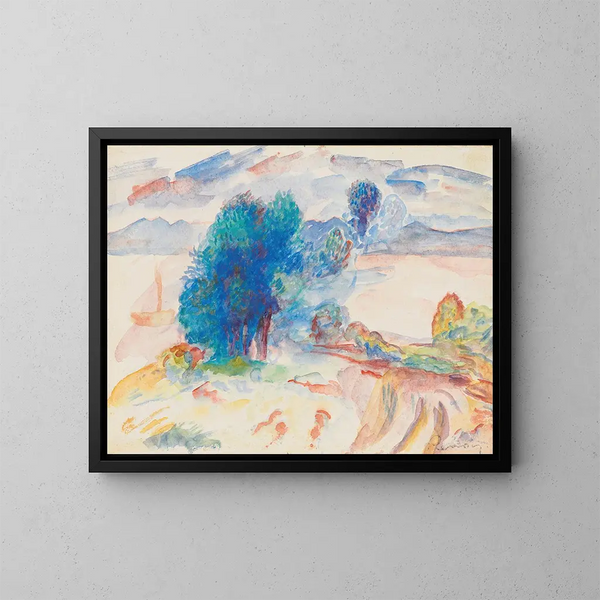 Bäume am Wasser und Segelboot - Pierre-Auguste Renoir — gerahmtes Bild an der Wand