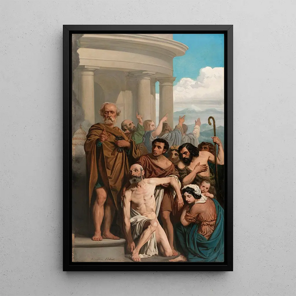 Saint Pierre heilend einen Gehbehinderten an der Tür des Tempels - Pierre-Jules Jollivet — gerahmtes Bild an der Wand