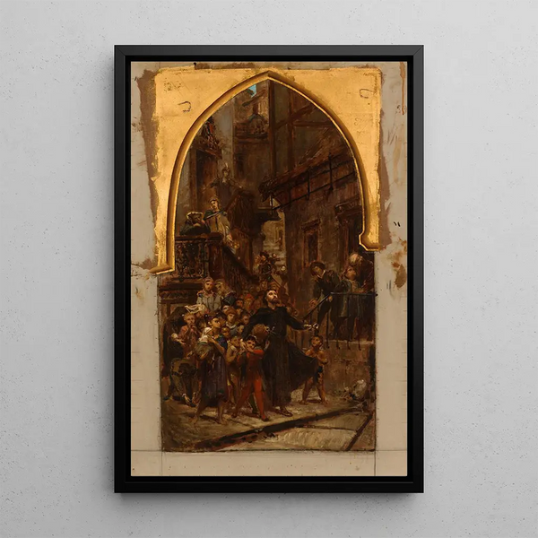 Saint François-Xavier durchquert die Straßen von Goa, um Kinder und Sklaven zum Katechismus aufzurufen - Pierre Paul Léon Glaize — gerahmtes Bild an der Wand