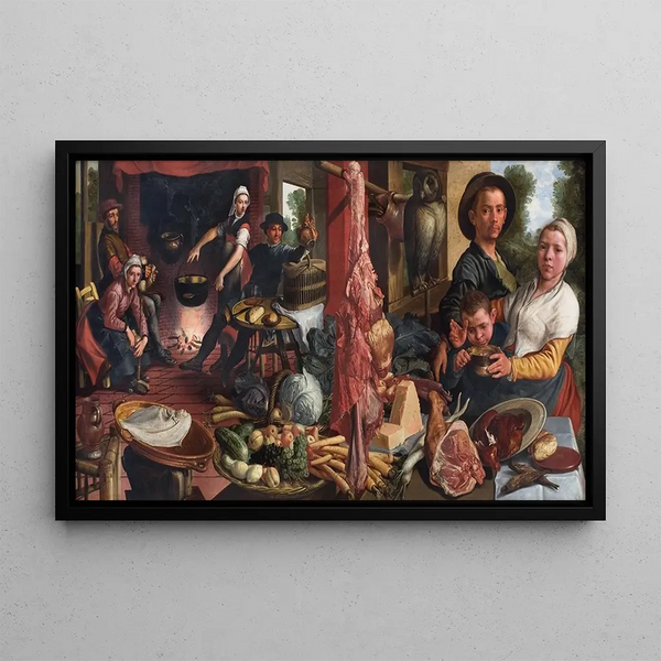 Die fettige Küche, eine Allegorie - Pieter Aertsen — gerahmtes Bild an der Wand
