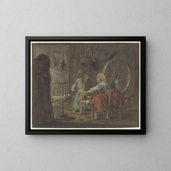 Eine alte Frau spinnt Faden, während ein Kind mit einem Vogel - Pieter Bartholomeusz Barbiers — gerahmtes Bild an der Wand