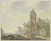 Stadt mit einem alten Kirchturm am Wasser, eine Frau mit einem Jungen und zwei Schafe - Pieter Bartholomeusz Barbiers — Ansicht des Kunstwerks