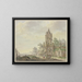 Stadt mit einem alten Kirchturm am Wasser, eine Frau mit einem Jungen und zwei Schafe - Pieter Bartholomeusz Barbiers — gerahmtes Bild an der Wand