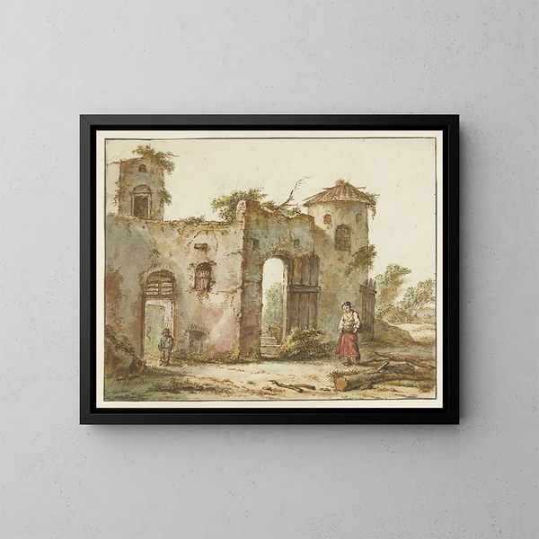 Bâtiment en ruine avec à droite une femme ramassant du bois - Pieter Bartholomeusz Barbiers — gerahmtes Bild an der Wand