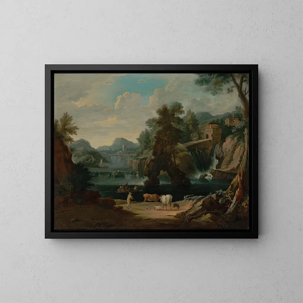 Ein Kuhhirte am Flussufer mit Wasserfall - Pieter Bout — gerahmtes Bild an der Wand