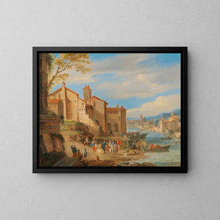 Pieter Bout - The port of Ripa Grande in Rome with merchants conversing.webp
