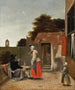 Ein Mann, der raucht, und eine Frau, die in einem Hof trinkt - Pieter de Hooch — Ansicht des Kunstwerks