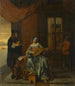 Eine Innenszene mit einer Frau, die Laute spielt, und einem Mann, der Geige spielt - Pieter de Hooch — Ansicht des Kunstwerks