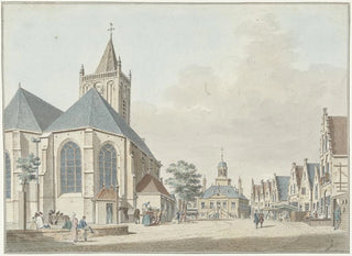 Pieter Jan van Liender - De markt te Vlaardingen met de kerk en het stadhuis.webp