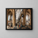 Innenansicht einer Kirche mit eleganten Figuren, die spazieren gehen, und Figuren, die an der Messe teilnehmen - Pieter Neeffs der Ältere — gerahmtes Bild an der Wand