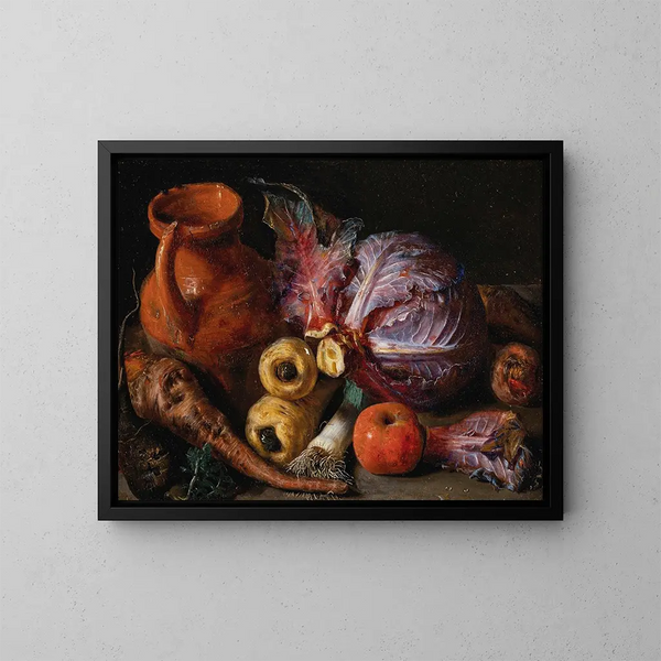 Eine Krug, ein Kohlkopf und Karotten auf einem Sims - Pieter Snyers — gerahmtes Bild an der Wand