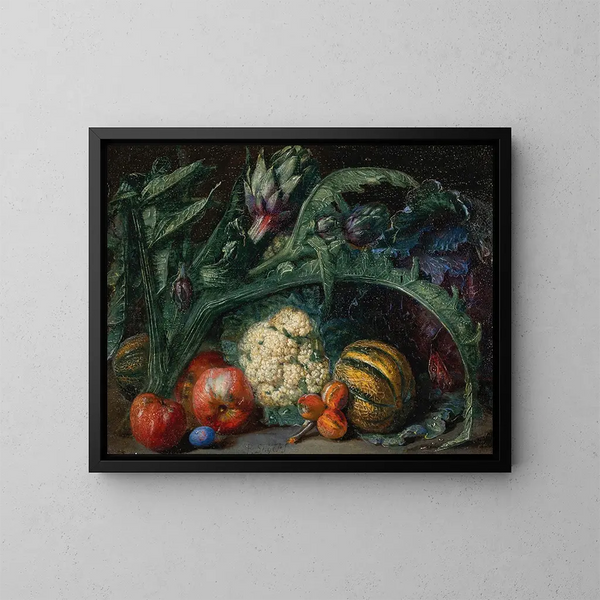 Artischocken, Äpfel und Melonen auf einem Sims - Pieter Snyers — gerahmtes Bild an der Wand