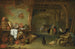 Innenansicht einer Scheune mit einem Stillleben von Fisch auf einem Teller, einem Kohlkopf, Tongefäßen, Kupfergefäßen und anderem Küchenzubehör - Pieter de Bloot — Ansicht des Kunstwerks