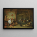 Innenansicht einer Scheune mit einem Stillleben von Fisch auf einem Teller, einem Kohlkopf, Tongefäßen, Kupfergefäßen und anderem Küchenzubehör - Pieter de Bloot — gerahmtes Bild an der Wand