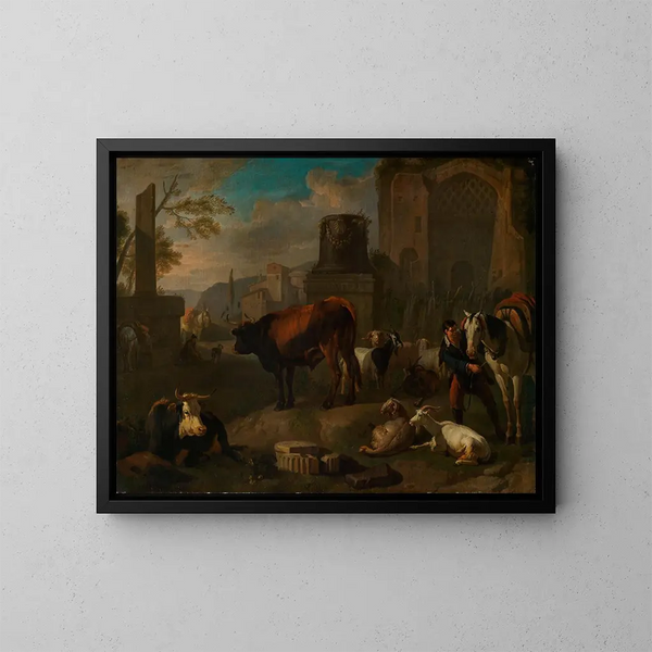 Pferde, Rinder, Schafe und Ziegen unter römischen Ruinen - Pieter van Bloemen — gerahmtes Bild an der Wand